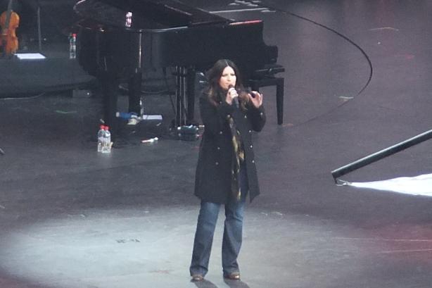 Laura Pausini appears a tad chilly with an overcoat and scarf, Sounds of Change (Chime for Change) concert, London, June 1st 2013, UK